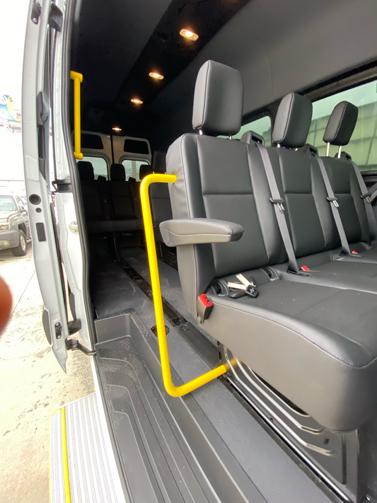 Our grab handles stand out, their placement is perfect so that the passenger wont miss it as soon as the side door opens. High visibility, easy reach and anti slip, the best conbination for a secure access to the main cabin. 